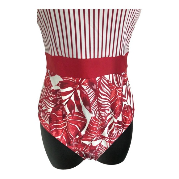 Cupshe red & white striped banded waist red floral open back 1pc swimsuit size M - Picture 13 of 14